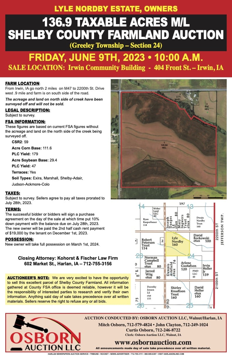 JUNE 9 136.9 TAXABLE ACRES m/L SHELBY COUNTY FARMLAND AUCTION